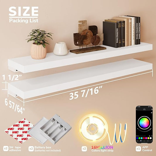 BAMEOS RGB LED Floating Shelves for Wall, 35" Wall Mounted Wooden Shelves with Invisible Brackets, Set of 2, Hanging Wall Shelves for Bedroom, Living Room, Kitchen, Study (White)