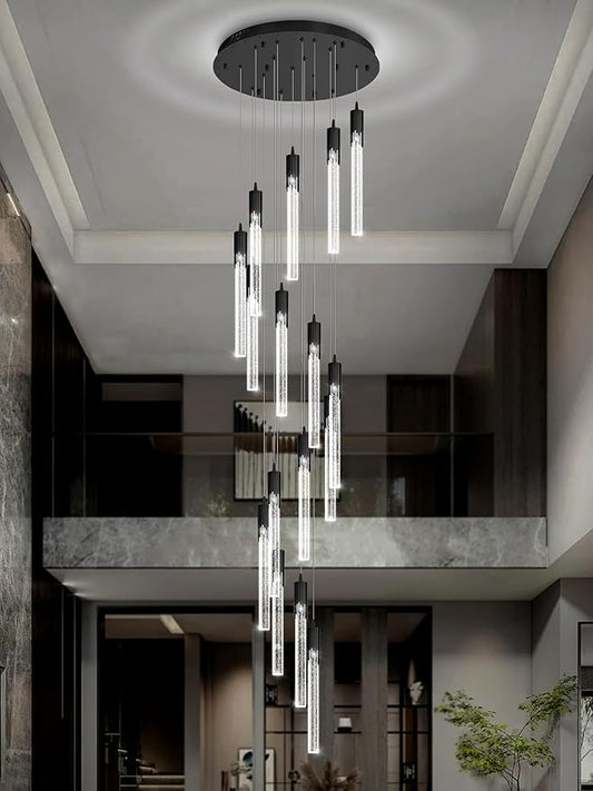 Flashing God 137'' Large Crystal Chandeliers for High Ceiling 16-Lights Stairway Chandelier Modern Black Chandelier Crystal Pendant Ceiling Light for Living Room Foyer Entrance