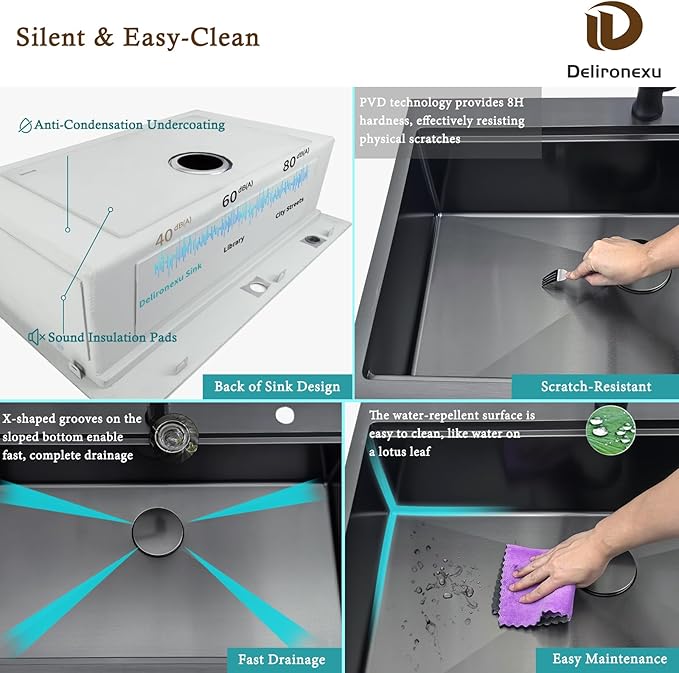 33x22 Black Drop In Kitchen Sink, Delironexu 16 Gauge 304 PVD Black Stainless Steel Single Bowl Top Mount Kitchen Sink, 33 Inch Black Kitchen Sink Workstation with 6 Accessories
