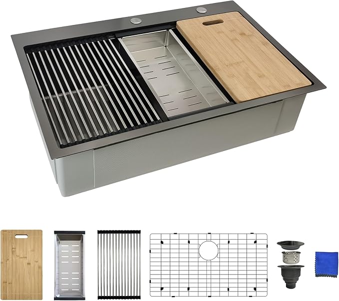 33x22 Black Drop In Kitchen Sink, Delironexu 16 Gauge 304 PVD Black Stainless Steel Single Bowl Top Mount Kitchen Sink, 33 Inch Black Kitchen Sink Workstation with 6 Accessories