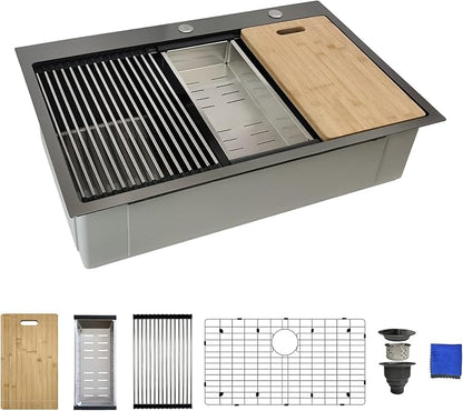 33x22 Black Drop In Kitchen Sink, Delironexu 16 Gauge 304 PVD Black Stainless Steel Single Bowl Top Mount Kitchen Sink, 33 Inch Black Kitchen Sink Workstation with 6 Accessories
