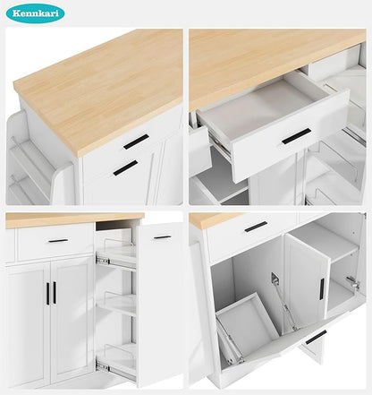 58'' Multi-Functional Storage Sideboard with Trash Can Storage and Adjustable Shelves, Console Table with Sliding Door Cabinet, Kitchen Island with 3-Tier Spice Rack for Dining Room (White)