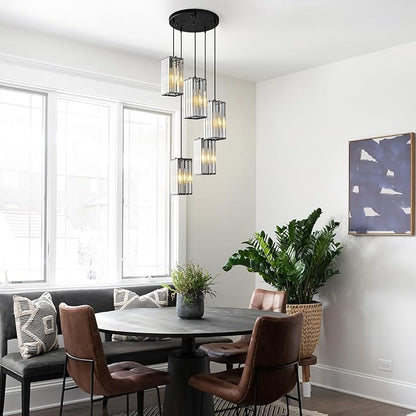Modern Pendant Light Black Rectangle Pendant Lighting Mini Crystal Chandeliers Adjustable Pendant Light Fixture for Kitchen Island Dinning Room Living Room Corridor Bedroom(Black 5-Light)