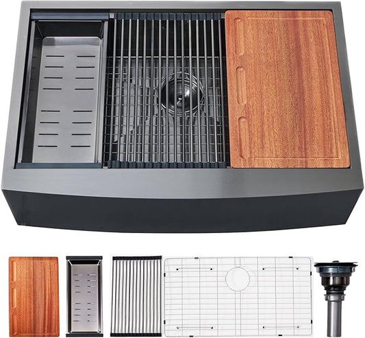HOTIS 33 Inch Black Farmhouse Sink, Undermount Gunmetal Black Workstation Apron Front Kitchen Sink, 33 x 22 Stainless Steel Farm Sink 16 Gauge 9 Deep Single Bowl Kitchen Sink with Cutting Board