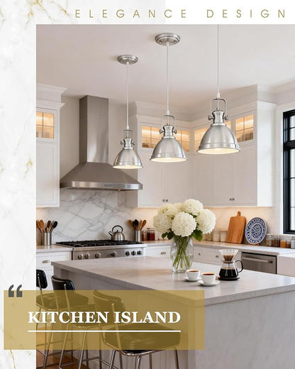 Pendant Lights Kitchen Island, 8" Farmhouse Hanging Lights Fixtures with Metal Shade, Rustic Kitchen Pendant Lighting Over Island for Dining Room, Brushed Nickel, AD-2151-1PM-SN