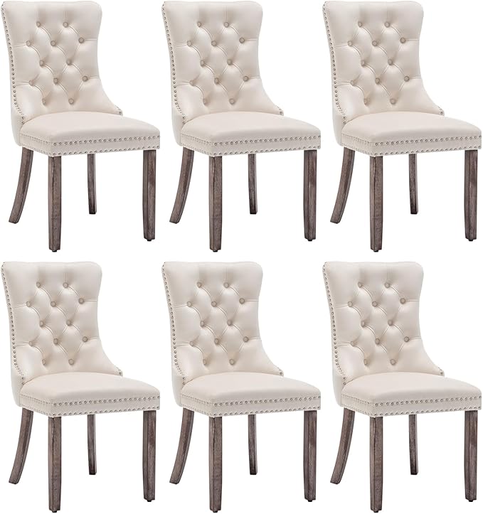 Eifizek Velvet Dining Chairs Set of 6, Upholstered Dining Room Chairs with Nailhead Ring Pull Trim, Button Tufted Wing Back Chairs for Dining with Solid Wood Legs for Kitchen Dining Room(Beige)