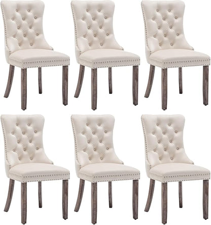 Eifizek Velvet Dining Chairs Set of 6, Upholstered Dining Room Chairs with Nailhead Ring Pull Trim, Button Tufted Wing Back Chairs for Dining with Solid Wood Legs for Kitchen Dining Room(Beige)