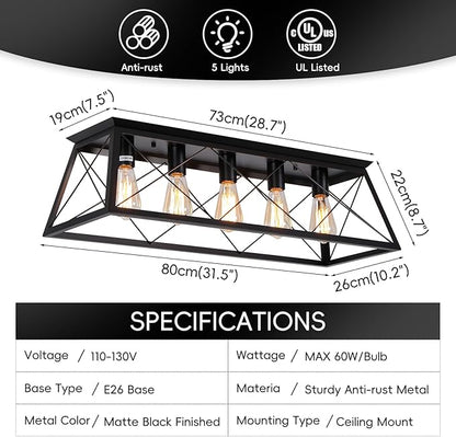 31.5" Black Flush Mount Ceiling Light Fixture, 5-Light Vintage Industrial Cage Chandelier for Dining Room, Kitchen Island, Living Room, Dimmable Large Semi Flush Mount Close to Ceiling Light