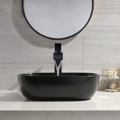 Black Vessel Sink Rectangle, 18"x13" Above Counter Porcelain Ceramic Bathroom Vessel Sink With Faucet and Drain Combo
