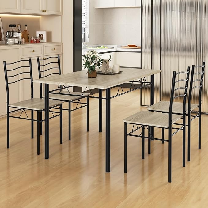 Giantex Modern 5 Piece Dining Table Set for 4 Chairs Wood Metal Kitchen Breakfast Furniture (Beech Wood)