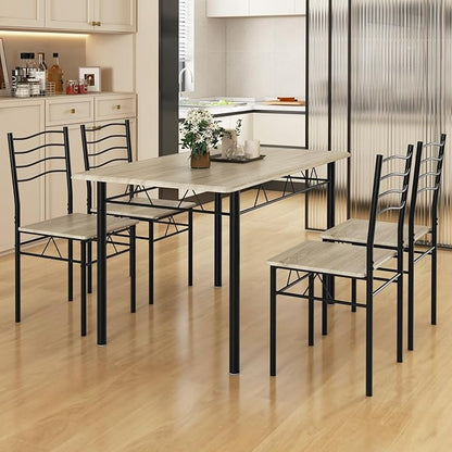 Giantex Modern 5 Piece Dining Table Set for 4 Chairs Wood Metal Kitchen Breakfast Furniture (Beech Wood)