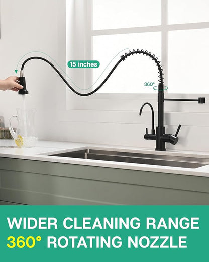 GIMILI 3 in 1 Kitchen Faucet with Pull Down Sprayer Matte Black Two Handle Kitchen Sink Faucet with Under Sink Water Filter System Reduces PFAS, PFOA/PFOS, Lead, Chlorine, Bad Taste & Odor