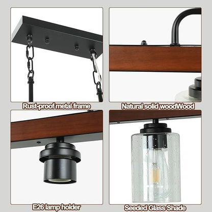 COTULIN 6-Light Farmhouse Kitchen Island Lighting, Dining Room Light Fixture, Rustic Wood Linear Chandelier Hanging, Black Pendant Light with Adjustable Rods and Seeded Glass Shades