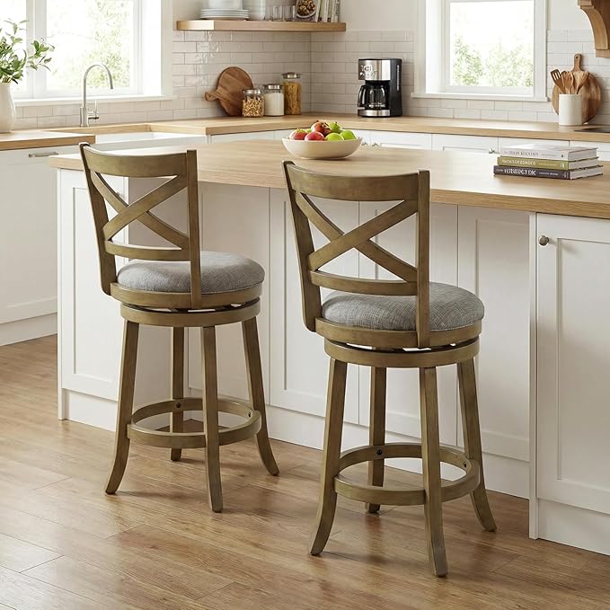 Giantex Wood Swivel Bar Stools Set of 2, 25" Upholstered Counter Height Bar Stools with X Back, Linen Cushioned Seat, Farmhouse Armless Wooden Barstools for Kitchen Island Dining Room, Grey