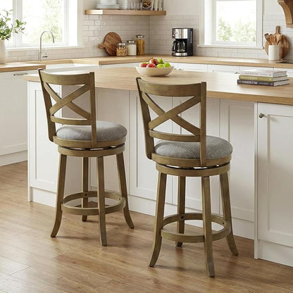 Giantex Wood Swivel Bar Stools Set of 2, 25" Upholstered Counter Height Bar Stools with X Back, Linen Cushioned Seat, Farmhouse Armless Wooden Barstools for Kitchen Island Dining Room, Grey