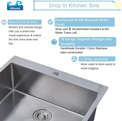 18 Inch Drop In Bar Sink, 18 x 18 Stainless Steel Single Bowl Top Mount Drop In Bar Wet Prep RV Outdoor Kitchen Sink, 16 Gauge Brushed Nickel