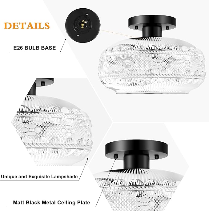Semi Flush Mount Ceiling Light Fixture Black,Vintage Hallway Light Fixture Ceiling,Globe Glass Light Fixtures Ceiling Mount,Farmhouse Pendant Lamp for Kitchen Entryway Bathroom,Bulb Not Included