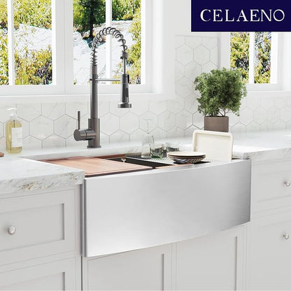 CELAENO Stainless Steel Farmhouse Sink 30 inch, Single Bowl Kitchen Sink Workstation 18 Gauge, Handmade R10 Radius Corners Rear Drain Farm Sink (Stainless Steel, 30" x 22" x 9")