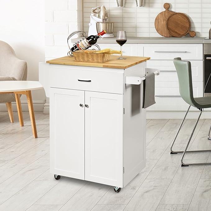 Harmony-Furniture Small Kitchen Island Cart, Narrow Butcher Block Kitchen Utility Cart w/Spice & Towel Rack, Rolling Kitchen Island with Storage Cabinets & Drawer for Dining Room (White)