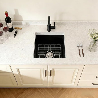 Black Bar Sink 13 x 15 Inch, Matte Black Granite Composite Undermount Kitchen Sinks, 13'' x 15'' Quartz Stone Small Kitchen Sinks With Sink Drain Assembly and Sink Bottom Grid