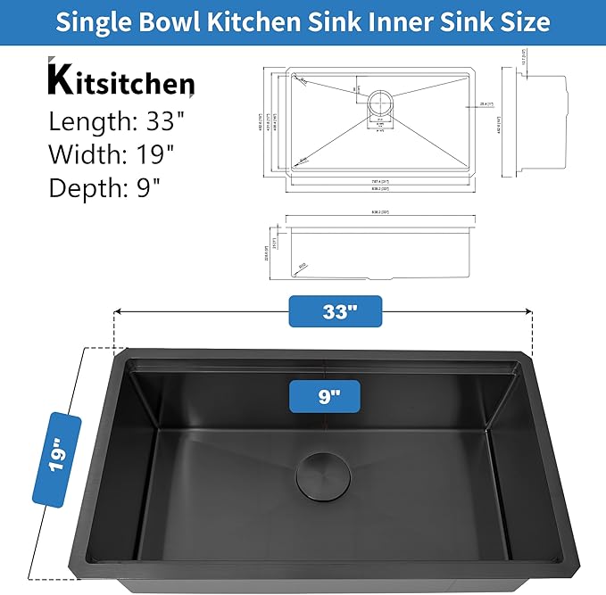 Kitsitchen Black Undermount Kitchen Sink,16 Gauge T-304S Stainless Steel Workstation Sink,33“ x 19"x 9" Large and Deep Single Bowl Kithchen Sink with Practical Accessories