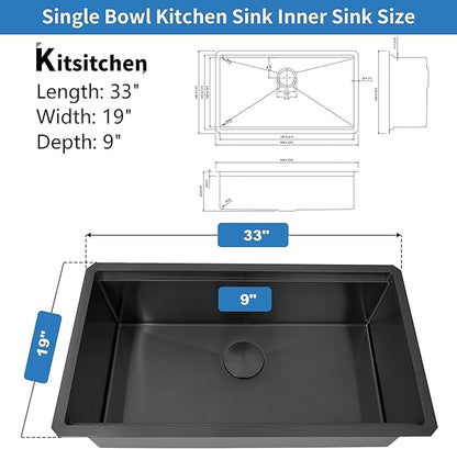 Kitsitchen Black Undermount Kitchen Sink,16 Gauge T-304S Stainless Steel Workstation Sink,33“ x 19"x 9" Large and Deep Single Bowl Kithchen Sink with Practical Accessories