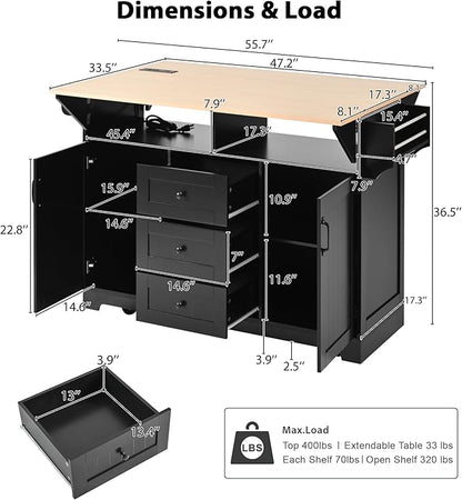 55.7'' Large kitchen Island with 2 Drop Leaf and Power Outlet, Rolling Kitchen Islands on Wheels with 3 Drawers and Storage Cabinet, Folding Dining Table with Spice & Towel Rack for Dining Room Black
