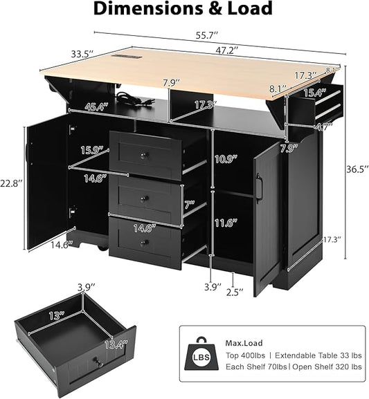 55.7'' Large kitchen Island with 2 Drop Leaf and Power Outlet, Rolling Kitchen Islands on Wheels with 3 Drawers and Storage Cabinet, Folding Dining Table with Spice & Towel Rack for Dining Room Black