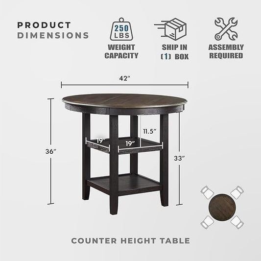 Lexicon Braun 42 Inch Bar Table - 36" High Round Counter Height Small Kitchen Table for 2-4, Solid Wood Frame for Small Dining Room, 2 Tall Storage Shelf, Easy Assembly, Brown and Black