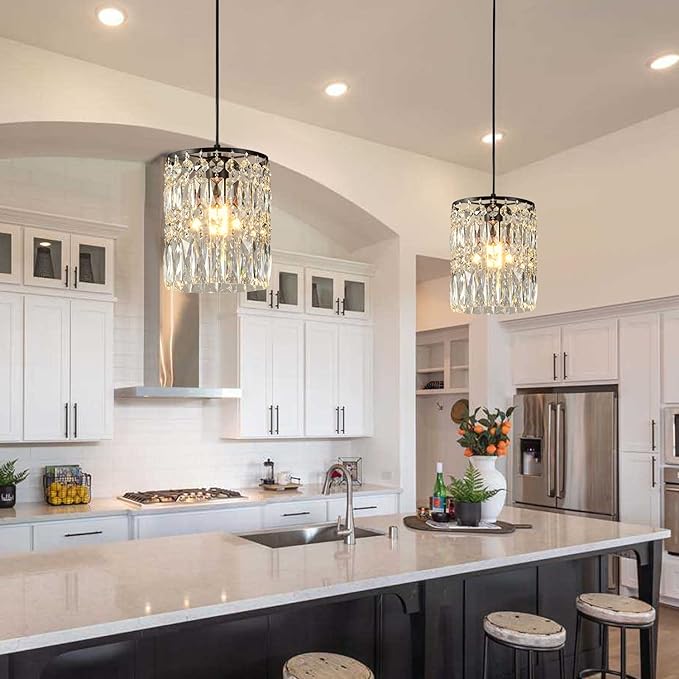 Modern K9 Crystal Chandeliers for Dining Room Black Pendant Light Fixtures Unique Kitchen Island Lighting Height Adjustable Ceiling Light for Bedroom Living Room Entryway （2-Pack）