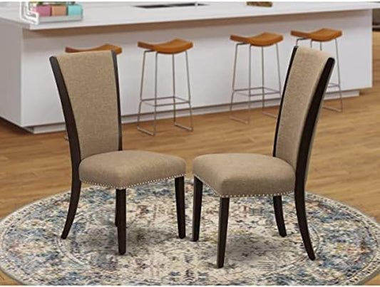 East West Furniture VEP3T47 Verona Modern Parson Chairs - Nailhead Trim Light Sable Linen Fabric Upholstered Dining Chairs, Set of 2, Mahogany