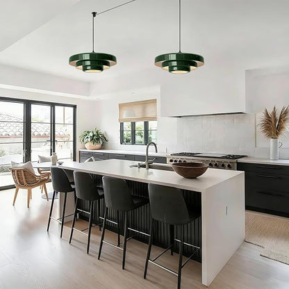 Plug-in Green Pendant Light, Mid Century Hanging Lamp Fixtures with Pulley and Plug in Cord 3-Layer Shade Nordic Style Pendant Lighting Metal Shade for Living Room Dining Room Bedroom Kitchen Island