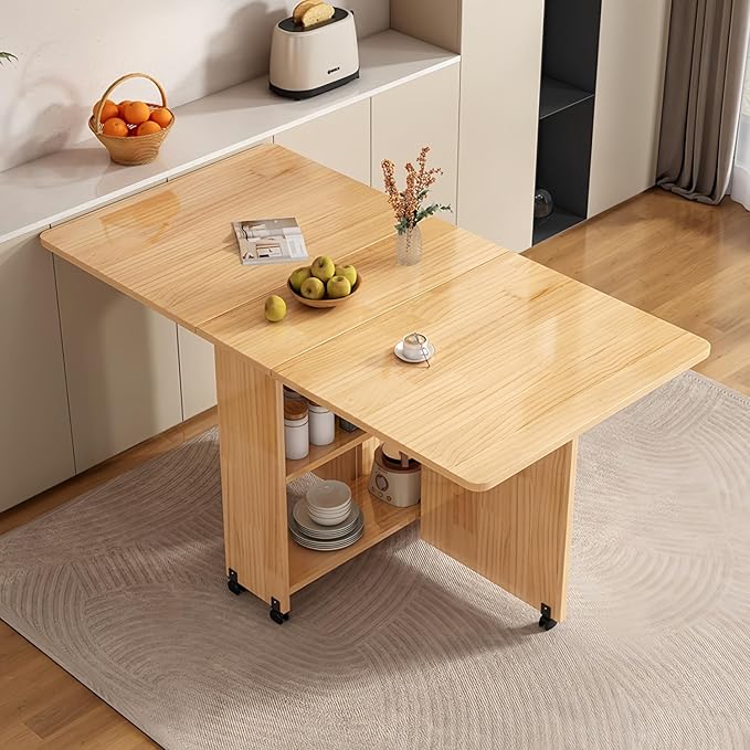 Kavie Solid Wood Folding Dining Table with Wheels, Expandable Mobile Kitchen Island with Storage Shelf, Space Saving Table for Apartment Living Room (Natural,47.2" L*23.6" W*29.5" H)