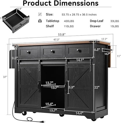 Ball & Cast Farmhouse Kitchen Island with Power Outlet,Kitchen Storage Island W/Internal Storage Rack,Drop Leaf,Spice Rack,Rolling Kitchen Cart on Wheels for Home,Kitchen and Dining Room,White,54.5"