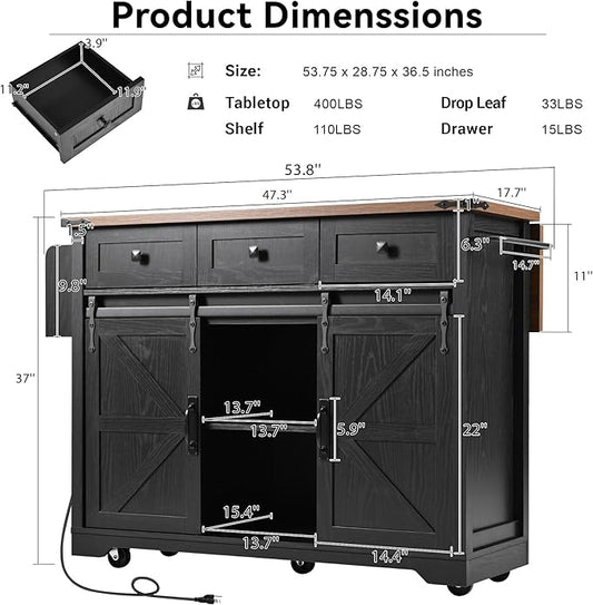 YOPTO Farmhouse Kitchen Island Cart With Power Outlet & 2 Sliding Barn Doors, Rolling Storage Island W/Drop Leaf Spice Rack and 5 Universal Wheels, for Home and Dining Room, Black, 53.7"