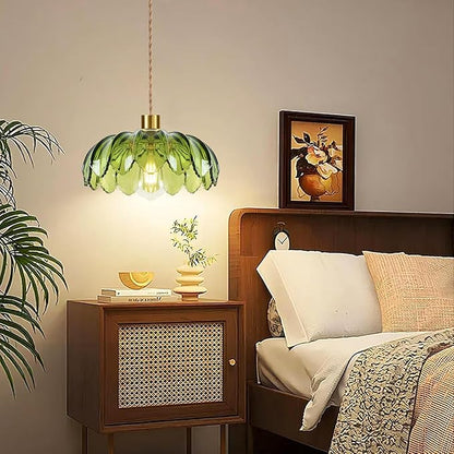 QIYIZM Plug in Pendant Light Hanging Lights with Plug in Cord Boho Hanging Lamp Glass Gold Mid Century Modern Vintage Dimmable Green Flower Plug in Chandelier Ceiling Fixture for Living Room,Kitchen