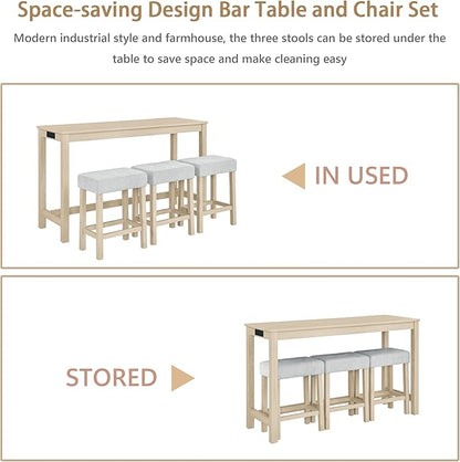 Merax 59 inch Bar Table Set with Power Outlet & Charging Hub, Industrial Solid Wood High Top Table with 3 Linen Upholstered Stools for Kitchen, Living Room, Dining Room,Light Oak+Linen Grey