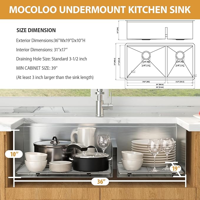 36 Inch Double Bowl Kitchen Sink - Mocoloo 36 x 19 Undermount Kitchen Sinks Workstation 16 Gauge Stainless Steel 60/40 Double Sink Handmade with 2 Compartment Sinks