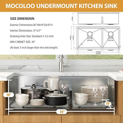 36 Inch Double Bowl Kitchen Sink - Mocoloo 36 x 19 Undermount Kitchen Sinks Workstation 16 Gauge Stainless Steel 60/40 Double Sink Handmade with 2 Compartment Sinks