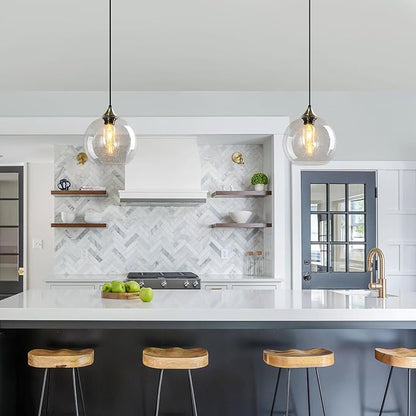 Clear Glass Pendant Lights Kitchen Island Lighting Globe Pendant Light Fixtures Modern Pendant Lighting for Kitchen Island Bedroom Living Dining Room Light Fixture(7.87in, 2-Pack)
