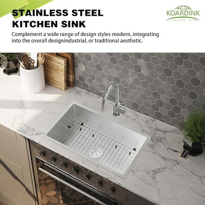 Kitchen Sink, 30x18 Inch Stainless Steel Drop In Kitchen Sink Modern Undermount Single Bowl Kitchen Sink Gift Combo-SS Grid,Silicon Mat,Drain Strainer Set Compatibility With Various Kitchen