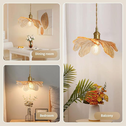 Amber Glass Pendant Lights for Dining Table Mid Century Flower Pendant Lamp with Blown Shade Vintage Gold Brass Adjustable Hanging Light for Kitchen Cabinets Bedroom entryway