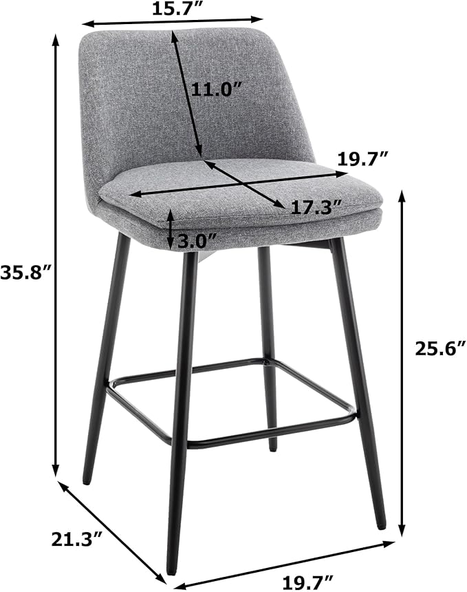 Counter Height Swivel Bar Stools Set of 2, 360° Swivel Upholstered Barstools with Back and Metal Legs, 25.6" Seat Height,Counter Stools for Kitchen Island and Pub,Linen Cloth