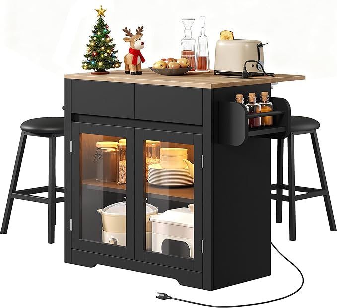 YITAHOME Rolling Kitchen island with Seating and LED Lights, Mobile Storage Islands with Drop Leaf, Dining Table with Power Outlet, 2 Drawers and Soft Stools, Spice/Towel Rack, Lacquered Finish, Black