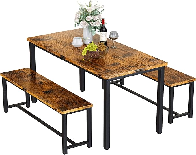 Recaceik 47" Dining Room Table Set with 2 Benches, Kitchen Dining Table Set for 4-6, Space Saving Kitchen Table and Chair Set for Dining Room, Small Space, Breakfast Nook(Brown)