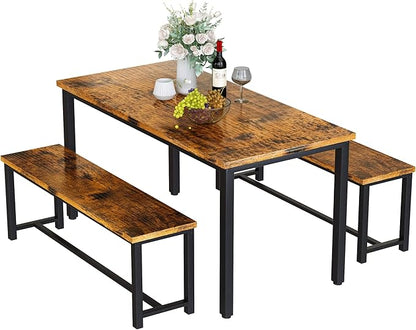 Recaceik 47" Dining Room Table Set with 2 Benches, Kitchen Dining Table Set for 4-6, Space Saving Kitchen Table and Chair Set for Dining Room, Small Space, Breakfast Nook(Brown)