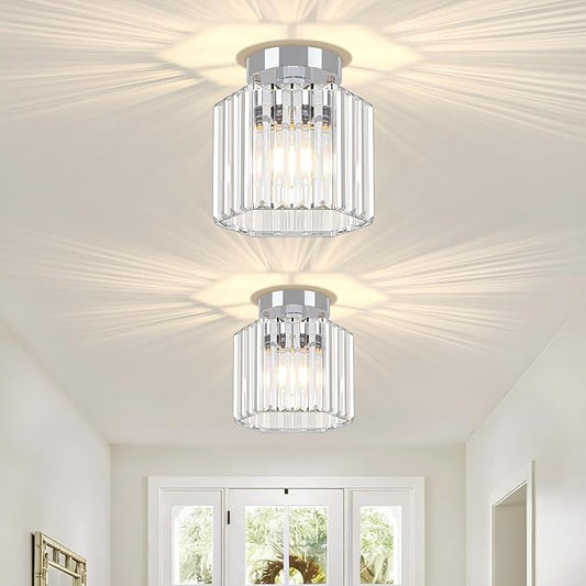 TOULMJ 2 Pack Chrome Semi Flush Mount Ceiling Light, Modern Crystal Hallway Light Fixtures Kitchen Lighting Close to Ceiling Lights for Bathroom Entryway Bedroom Foyer Laundry Room