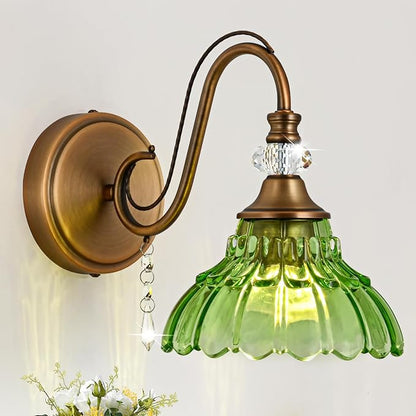 1 Piece Vintage Wall Sconce, 1-Light Matte Antique Brass Finish Wall Sconce with Hanging Crystal Accents and Flower-Shaped Green Shades for Bathroom Bedroom Living Room,Vintage Vanity Light