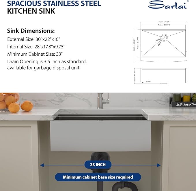 Sarlai 30 Farmhouse Kitchen Sink Stainless - 30 x 22 Inch Farmhouse Sink Ledge Workstation Sinks Apron Front Single Bowl 16 Gauge Stainless Steel Luxury Kitchen Farm Sinks