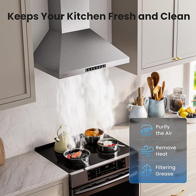 VIKIO HOME Wall Mount 30 Inch Range Hood 900 CFM, Ductless/Ducted Convertible Kitchen Hood, 3-speed Gesture Sensing & Touch Control, Stainless Steel Kitchen Vent Hood with Permanent Baffle Filters